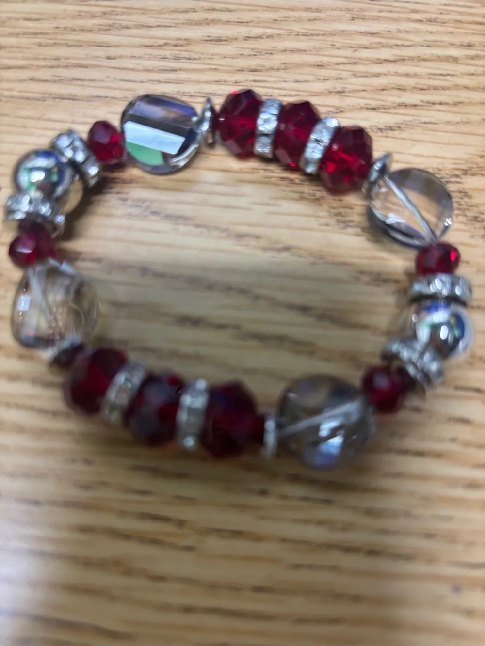 Unbranded Red & Iridescent Stretch Beaded Bracelet with Rhinestone Accents